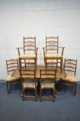 AN ERCOL ELM TRESTLE TABLE, length 154cm x depth 85cm x height 72cm, and six chairs including two