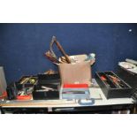 THREE TRAYS, A BOX AND TWO TOOLBOXES CONTAINING TOOLS including saws, hammers, mallets, chisels,