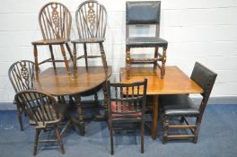 AN OAK GATE LEG TABLE, four matched elm/oak spindle back chairs, an Art Deco gate leg table, and two