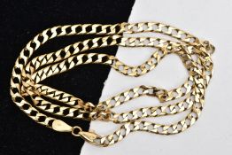 A 9CT GOLD CURB LINK CHAIN, a yellow gold flat cub link chain necklace, fitted with a lobster clasp,