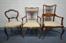 A 20TH CENTURY MAHOGANY, ROSEWOOD AND STRING INLAID OPEN ARMCHAIR, the back with square spindles