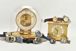 A BOX OF WRISTWATCHES AND CLOCKS, to include a selection of gents wristwatches, names to include '