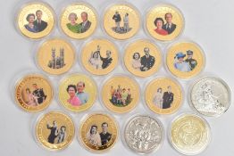 A BAG CONTAINING 14X ROYALTY THEMED GOLD LAYERED COMMEMORATIVES MAINLY 2007, A 2007 SILVER TWO POUND