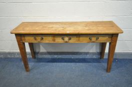 A 19TH CENTURY PINE SIDE TABLE with three drawers, on square tapered legs, length 152cm x depth 46cm