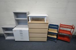 A SELECTION OF IKEA FURNITURE, comprising a Malm chest of four drawers, a blue Rasko three tier