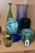 A COLLECTION OF STUDIO GLASS ETC, to comprising a Wallace and Sanders green striped vase signed