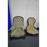 A VICTORIAN MAHOGANY BUTTONBACK ARMCHAIR, with green upholstery, and a Victorian spoon back chair (