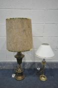 A LATE 20TH CENTURY BRASSED TABLE LAMP, with a large cylindrical cork effect shade, height to top of