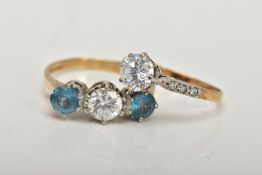 TWO 9CT GOLD GEMSET RINGS, the first a three stone ring set with two circular cut blue stones,