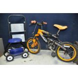 A ACTION MAN MOUNTAIN BIKE 12in frame along with a wheeled stool and a small step ladder (3)