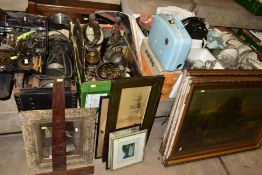 SEVEN BOXES AND LOOSE CERAMICS, GLASS, PICTURES, VINTAGE VACUUM CLEANER, METALWARES AND SUNDRY