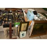 SEVEN BOXES AND LOOSE CERAMICS, GLASS, PICTURES, VINTAGE VACUUM CLEANER, METALWARES AND SUNDRY