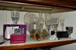 A GROUP OF BOXED AND LOOSE GLASSWARE, including a large wine glass engraved with a barn owl in