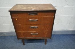 AN MID CENTURY AUSTINSUITE TEAK CHEST OF FOUR GRADUATING DRAWERS, width 77cm x depth 43cm x height