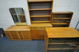 A MEREDEW OAK BEDROOM SUITE, comprising a dressing table with a single mirror, width 115cm x depth