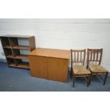 A TEAK FINISH TWO DOOR DESK, enclosing a fitted interior, width 110cm x depth 60cm x height 75cm, an