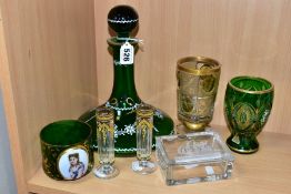 SIX PIECES OF 19TH AND 20TH CENTURY BOHEMIAN GLASSWARE, comprising a 19th century green glass bowl