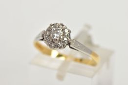 AN 18CT GOLD DIAMOND CLUSTER RING, nine round brilliant cut diamonds in a floral cluster, set into
