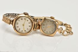 TWO 9CT GOLD LADIES WRISTWATCHES, the first with a hand wound movement (non-running), round silver