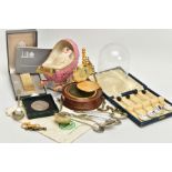 A BOX OF ASSORTED ITEMS, to include a Franklin Mint 'John Wayne' collector pocket watch, together