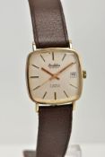 A 9CT GOLD GENTS WRISTWATCH, hand wound movement, white coloured square dial, signed 'Bentima star