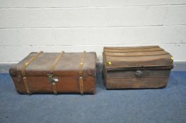 A VINTAGE TIN TRAVELING TRUNK (dent to top and locking mechanism handing off) and a canvass and