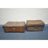 A VINTAGE TIN TRAVELING TRUNK (dent to top and locking mechanism handing off) and a canvass and