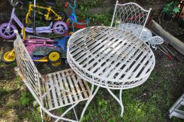 A WHITE METAL CIRCULAR GARDEN TABLE, diameter 74cm with two matching folding chairs (3)