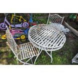 A WHITE METAL CIRCULAR GARDEN TABLE, diameter 74cm with two matching folding chairs (3)