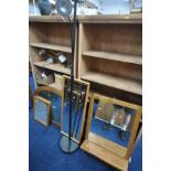 AN OAK BEVELLED EDGE OVAL WALL MIRROR, three various pine mirrors, along with a selection of lamps