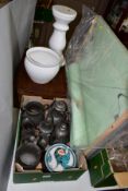 A BOX AND LOOSE PEWTER, JARDINIERE, CUTLERY BOX AND SUNDRY ITEMS, to include a large wooden