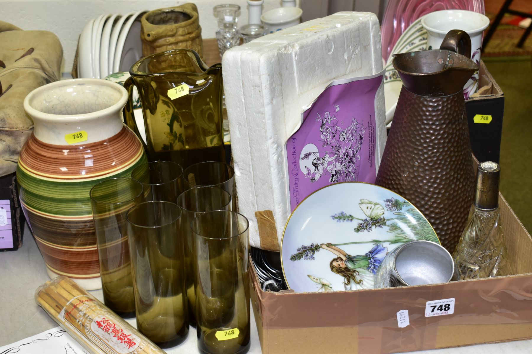 TWO BOXES AND LOOSE CERAMICS, GLASSWARES AND SUNDRY ITEMS, to include a pair of Mason's Chartreuse