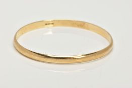 A 9CT GOLD BANGLE, a plain polished solid gold bangle, approximate dimensions width 5mm x depth