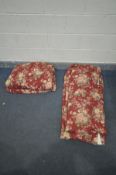 TWO PAIRS OF RED AND FLORAL CURTAINS, largest drop 220cm x width 124cm