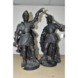 A PAIR OF SPELTER FIGURES, titled 'Jean Sanspeur' and 'Charles Le Temeraire', the Dukes of