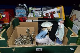 TWO BOXES OF CERAMICS, METAL FIGURES, DIGITAL CAMCORDER AND SUNDRY ITEMS, to include eight cast