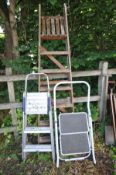 A SET OF 2M WOODEN STEP LADDERS with a set of aluminium step ladders and another pair (3)