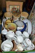 A BOX OF CERAMICS AND GLASS ETC, to include a William Glasner vase with applied foliage