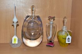 FOUR MODERN / STUDIO GLASS SCENT BOTTLES, comprising a Mdina frosted glass bottle with speckled