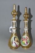 A PAIR OF BOHEMIAN GLASS OVERLAY BOTTLES WITH STOPPERS, hand painted female portraits to one side,