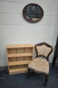 A VICTORIAN WALNUT CHAIR, along with an oval mirror and a beech open bookcase (3)