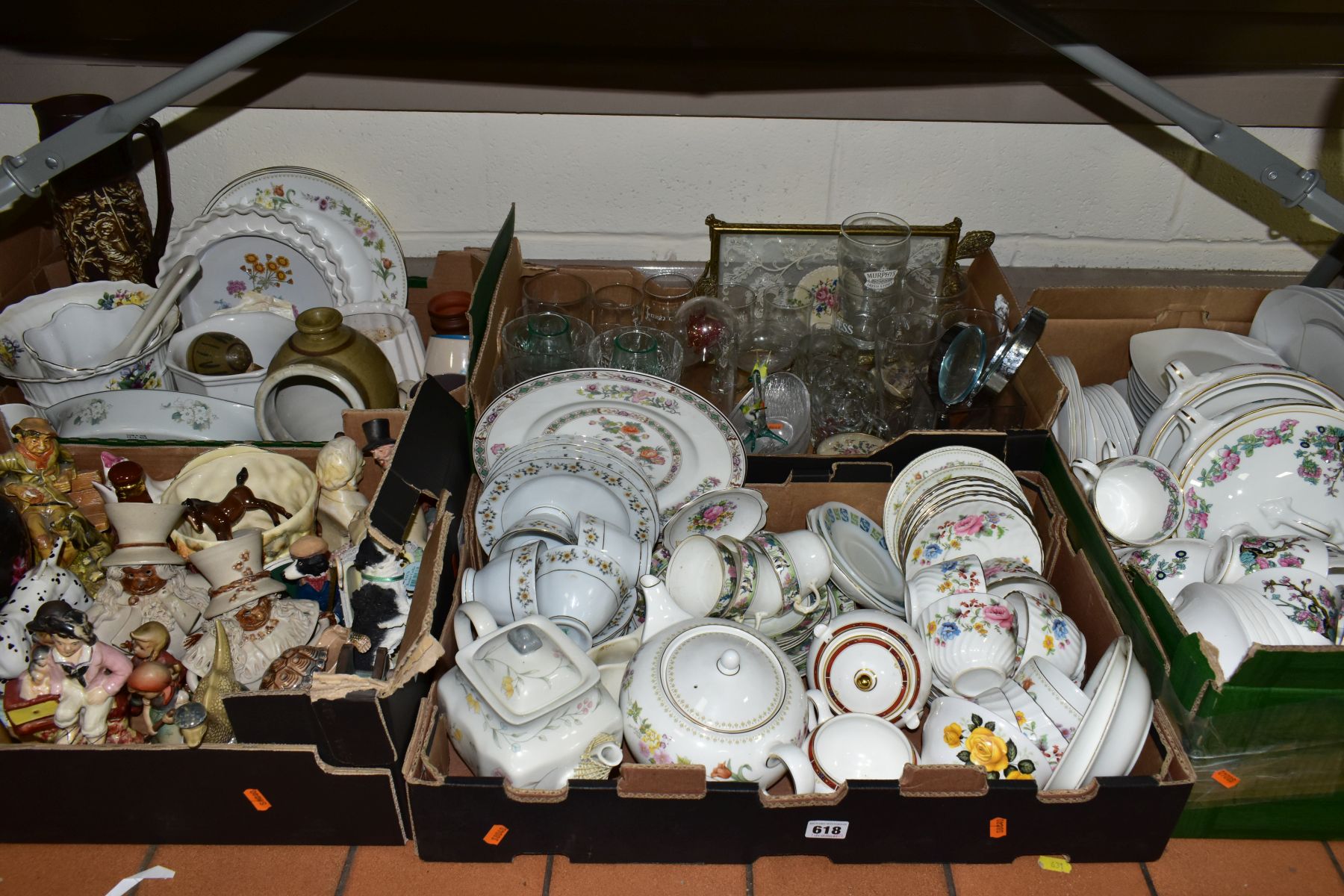 FIVE BOXES OF CERAMICS AND GLASSWARES, to include a fifty two piece Duchess Indian Tree pattern