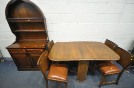 A 20TH CENTURY OAK DROP LEAF DINING TABLE, open length 148cm x closed length 31cm x depth 85cm,