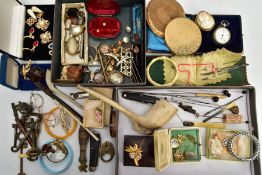 A BOX OF ASSORTED ITEMS, to include a pair of gold plated spectacles, two gold back and front locket