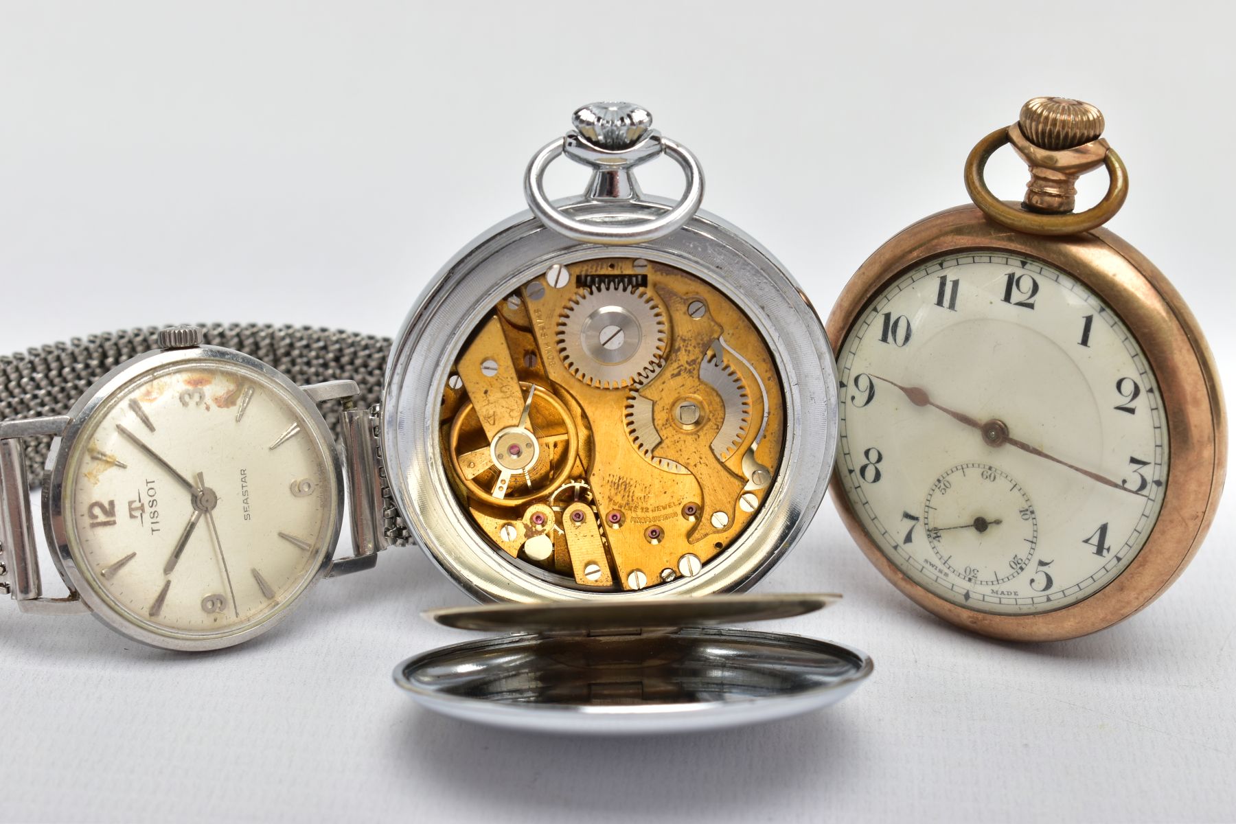 A 'TISSOT' WRISTWATCH AND TWO POCKET WATCHES, the watch has a hand wound movement (requires - Bild 7 aus 8