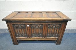 AN OAK PANEL BLANKET CHEST, with linenfold detail, width 107cm x depth 46cm x height 61cm (