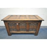 AN OAK PANEL BLANKET CHEST, with linenfold detail, width 107cm x depth 46cm x height 61cm (