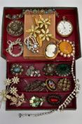 A BOX OF COSTUME JEWELLERY AND A GOLD PLATED POCKET WATCH, snake skin effect jewellery box with