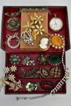 A BOX OF COSTUME JEWELLERY AND A GOLD PLATED POCKET WATCH, snake skin effect jewellery box with
