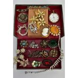 A BOX OF COSTUME JEWELLERY AND A GOLD PLATED POCKET WATCH, snake skin effect jewellery box with
